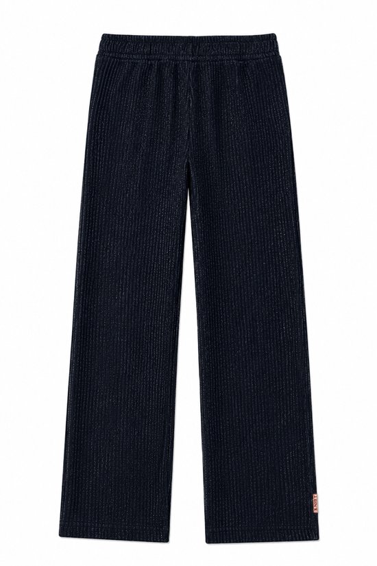 Zwarte, geplooide broek met glinsterende verticale strepen en een elastische tailleband.