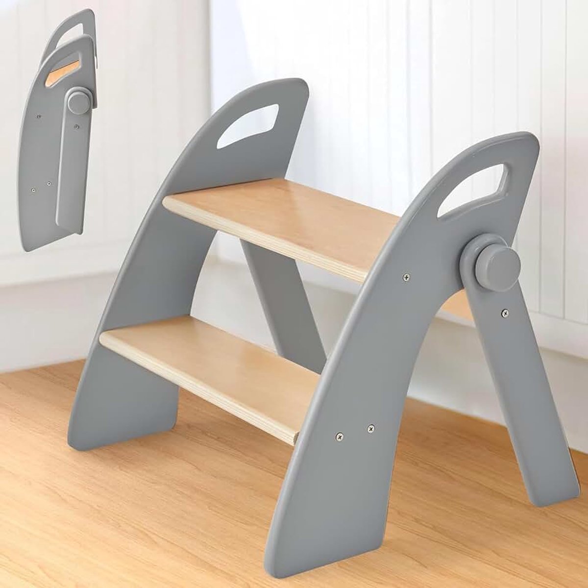Opstapkruk voor kinderen, 2 treden van hout, 130 kg draagvermogen met antislipmat en handgrepen, opvouwbare opstapkruk voor baby's, trapladder voor badkamer, kinderkamer, keuken, grijs