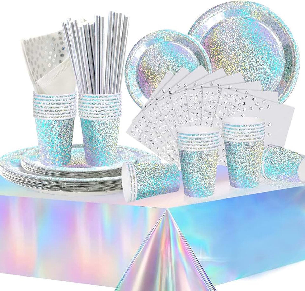 Feestservies verjaardag kinderen, zilverstippen, verjaardag, serviesset met bord, tafelkleed, kopjes, servetten, papier, rietjes, voor babyshower, verjaardag, bruiloft, feest (16 gasten)