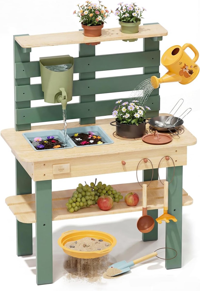 Castle Houten modderkeuken voor kinderen, buitenspeelkeuken met echte watergootsteen en keukenaccessoires, tuinspeelgoed voor koken, besproeiing, zintuiglijk spel, Montessori educatief speelgoed
