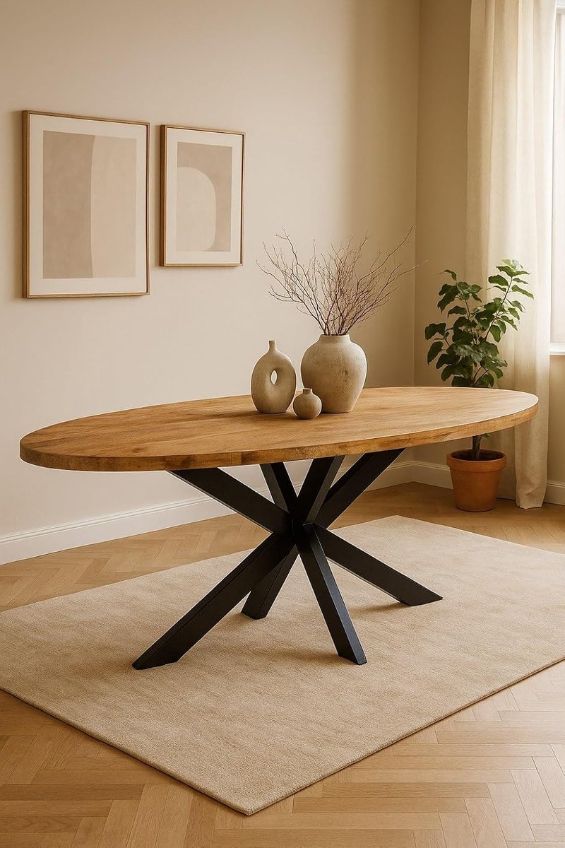 Home Ovale Eettafel 240 cm Mangohout – Rustiek – Zwart Metalen Matrix Onderstel – Industrieel – 7-8 Personen