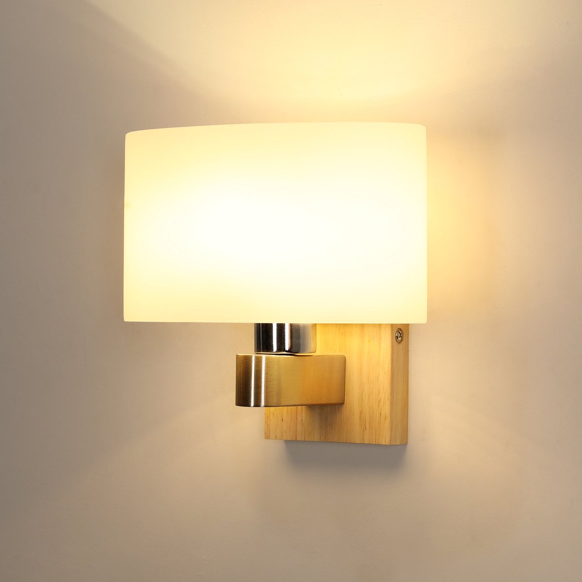 Riserva Wandlamp modern minimalistisch ovaal houtkleur, glazen kap, E27 fitting max 60W zonder lamp, voor studeerkamer, slaapkamer, woonkamer, eetkamer
