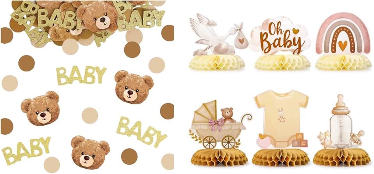 Decoratie met 100 stuks 3 patronen confetti, 6 stuks babyshower-tafelstandaard, confetti, tafeldecoratieset, honingraat middenstuk, tafeldecoratie voor genderreveal party enz