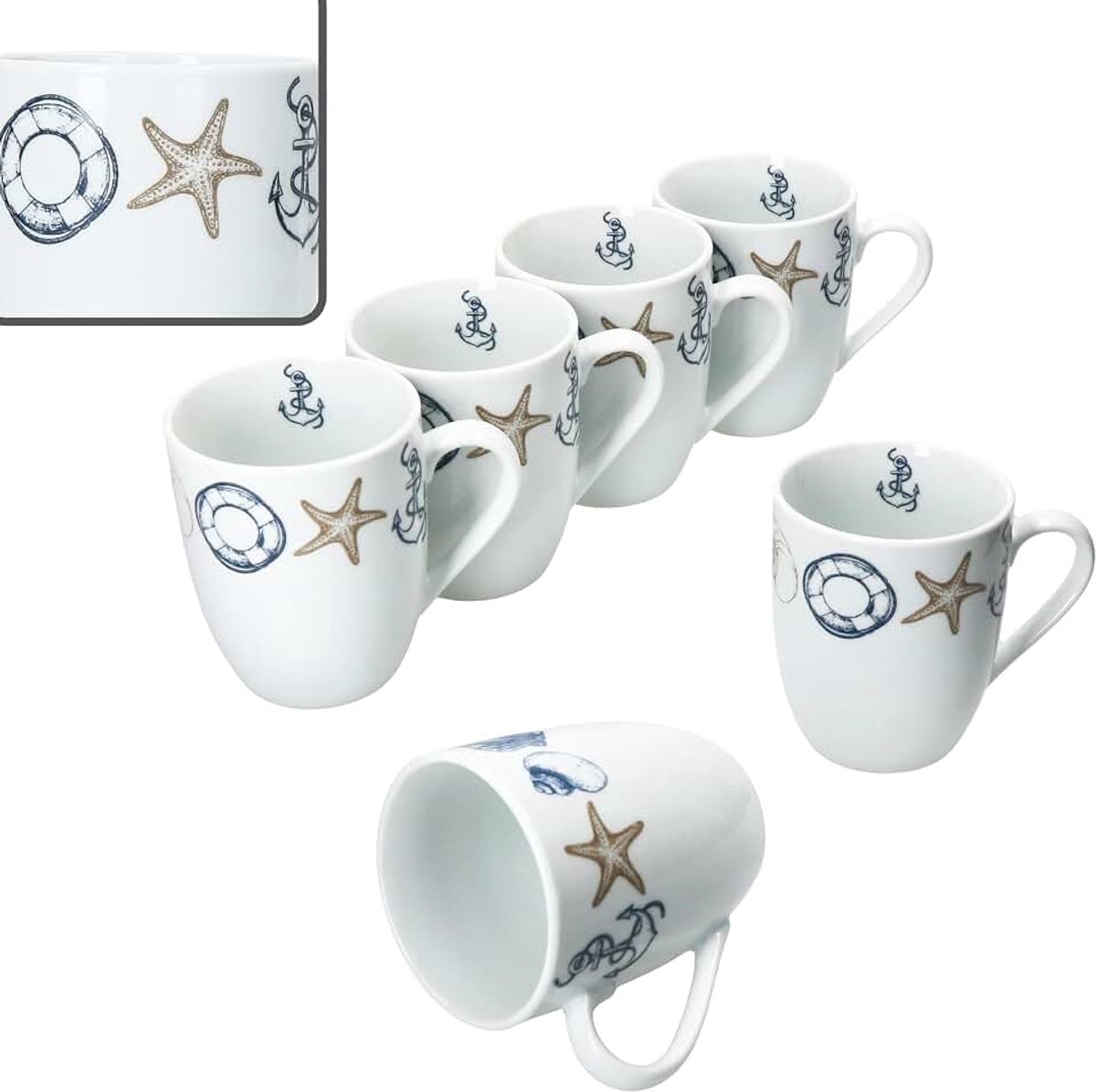 Mokken, 280 ml, porseleinen beker met handvat en maritieme motieven voor 6 personen, mokken voor warme dranken zoals thee, cacao en dergelijke