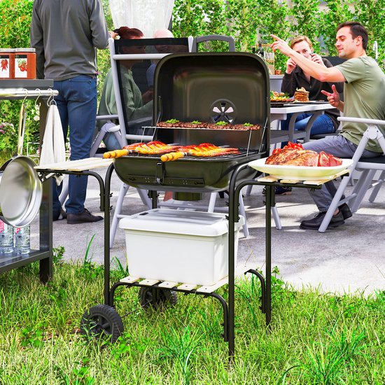 Houtskoolbarbecue van staal, barbecuewagen met afsluitbaar deksel, grillrooster, wielen, handgreep, houten legplank, 98 x 54 x 91 cm, zwart — afbeelding 2