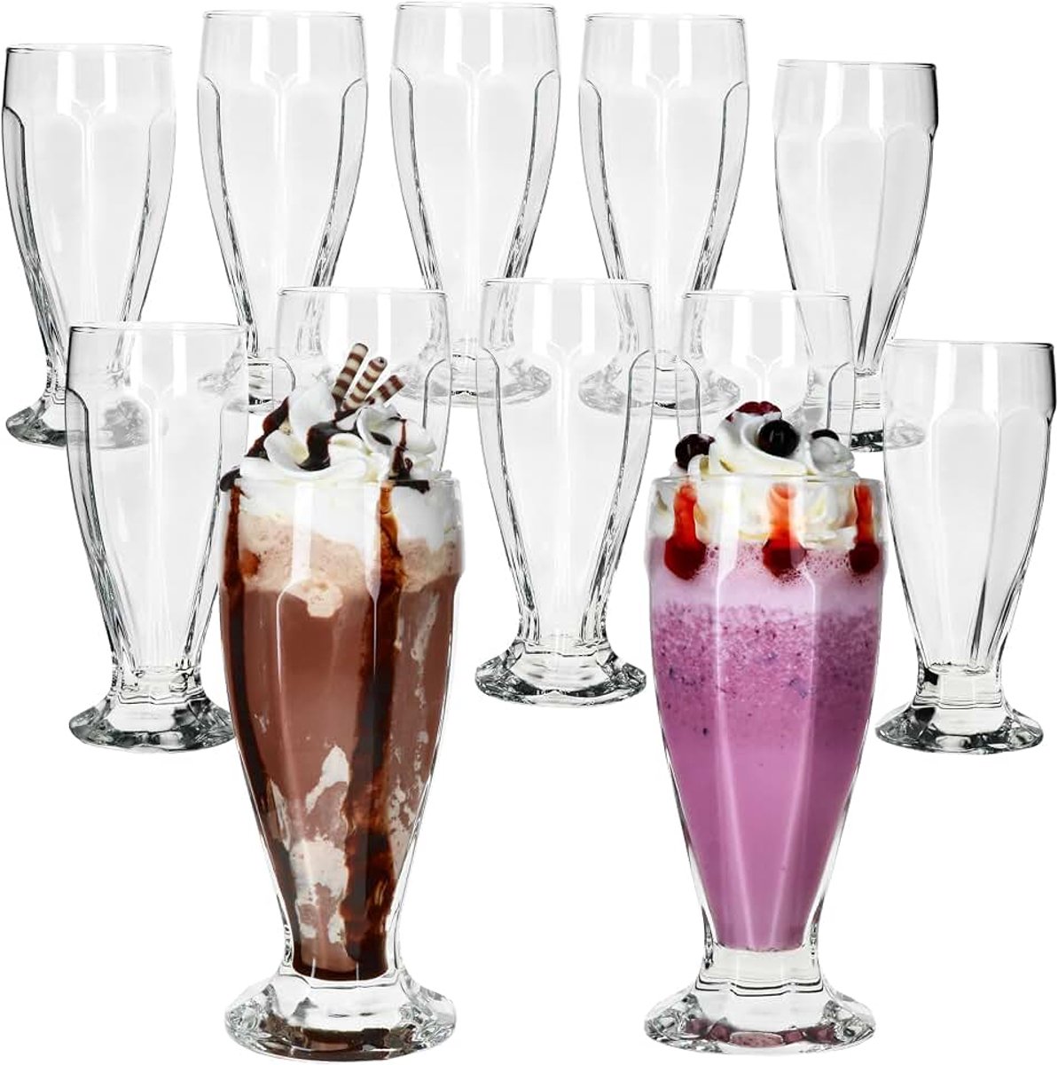 Set van 12 hoge London ijsbekers met voet van glas | 350 ml | conische glazen met reliëf voor dessert, melkshakes, ijskoffie, cocktails en fruit