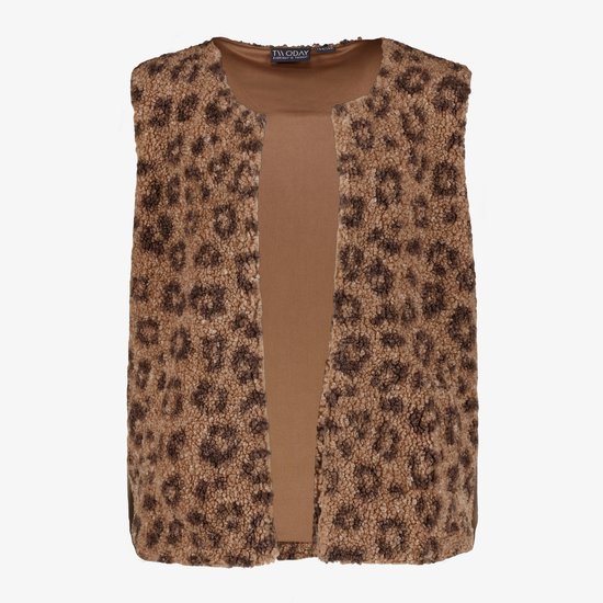 Bruin teddy gilet met panterprint en een bruine voering.
