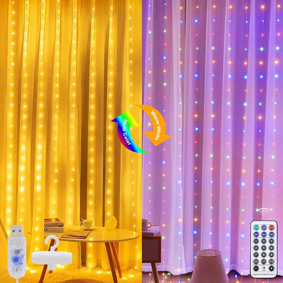 Led-gordijn met USB-aansluiting, 3 x 3 m, 300 leds, warmwit, meerkleurig, 12 modi, voor ramen, slaapkamer, feest, bruiloft, binnenverlichting
