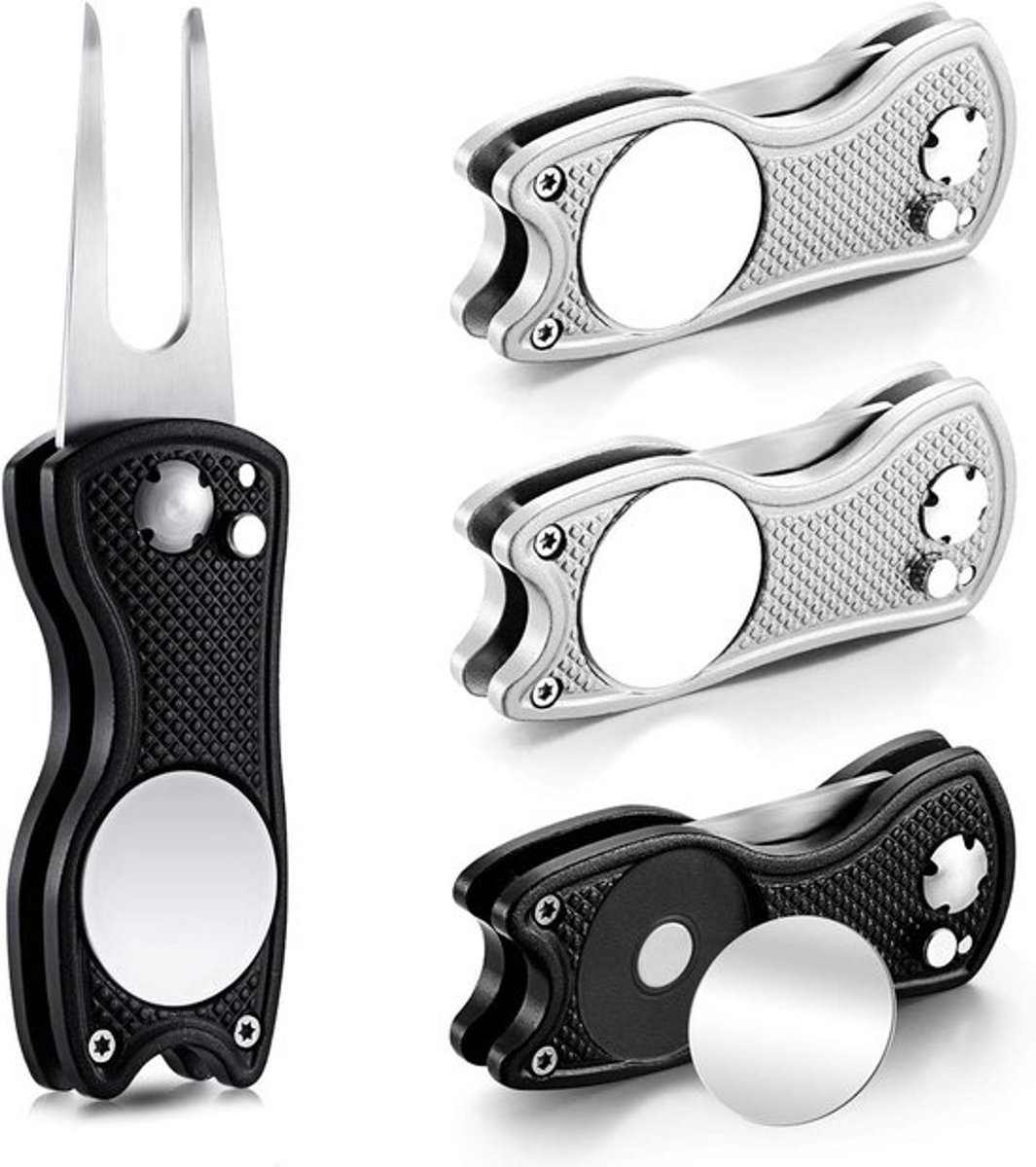 3 stuks golf Diw reparatiegereedschap van roestvrij staal, opvouwbare magnetische golfbalmarker met uitwerpknop, draagbaar (zwart, zilver)