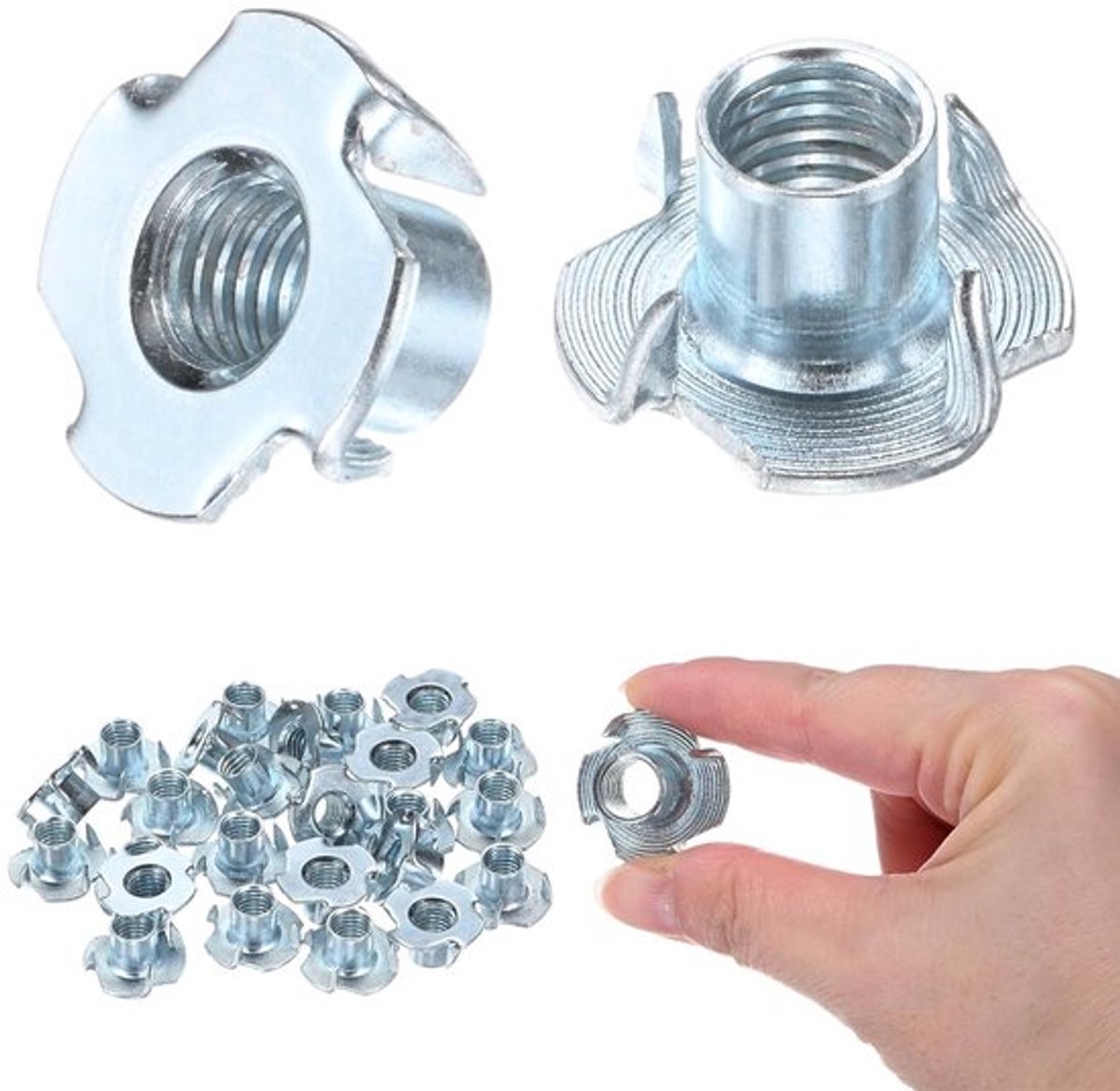 Verpakking van 100 T-moeren M10 x 13 mm, schroefdraadinzetstuk met 4 klauwen, koolstofstaal, voor houtbewerking, meubels en klimmen, corrosiebestendige bevestigingen