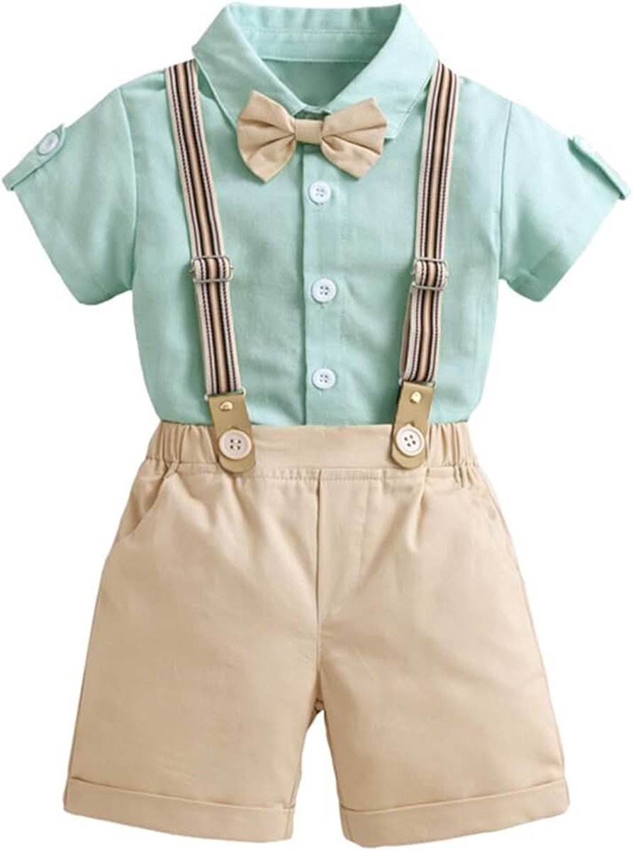 Babyjongensset, kostuum, zomer, korte mouwen, vlinderdas, hemd met shorts, rompertje