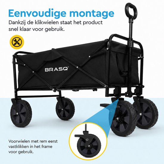 Zwarte opvouwbare bolderkar, detail van voorwiel met rem, instructie voor montage.