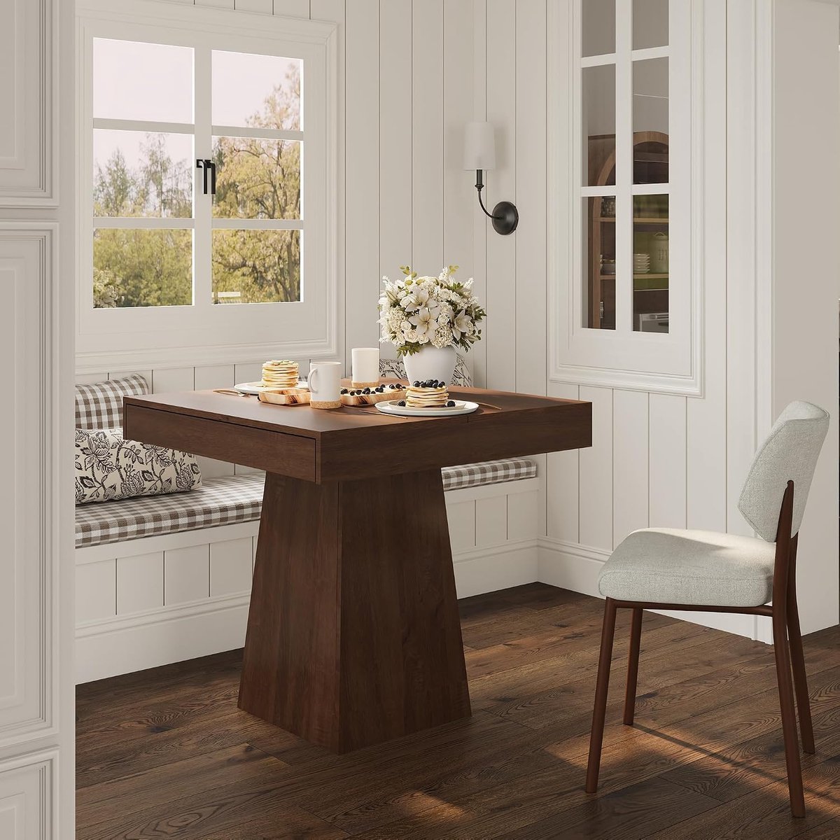 Vierkante eettafel voor 4 personen 80 x 75 cm, vintage bruin boerderijstijl, compacte keukentafel met 2 opberglades, voetstuk, ruimtebesparend voor keuken, eetkamer en woonkamer
