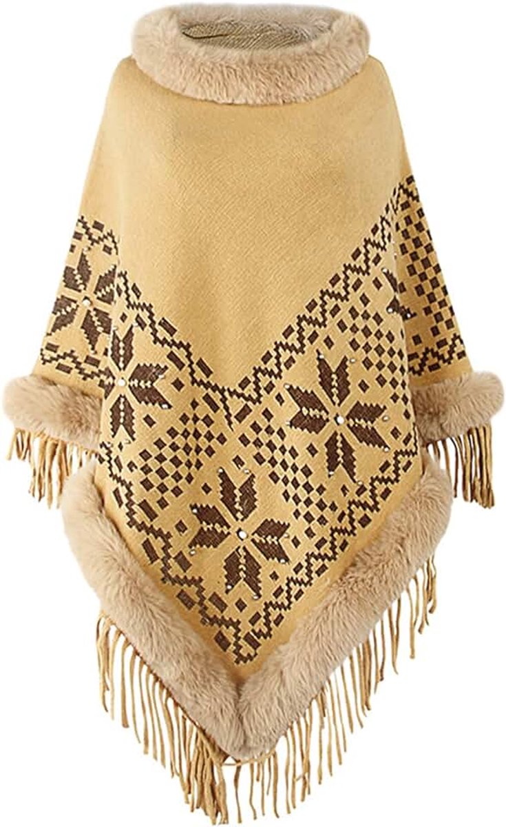 Girl Dames poncho winter gebreide trui cape met franjes en kraag van imitatiebont wikkelsjaal