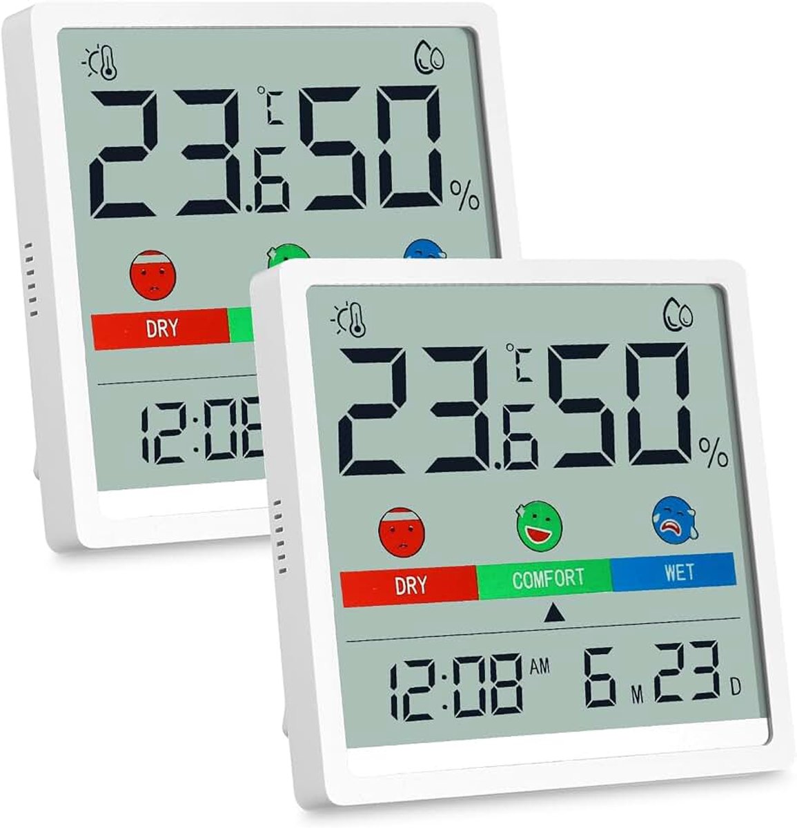 Thermometer voor binnen, 2 stuks, mini-kamerthermometer, hygrometer, digitale thermo-hygrometer met emotionele aanwijzingen ℃/℉ omschakelbaar, datum 12/24 uur, voor binnen, kantoor,
