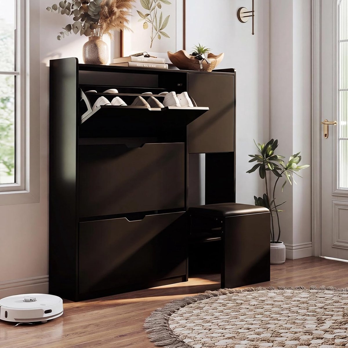 Smalle schoenenkast met zitbank zwart, 110 x 24 x 119 cm | 4 kleppen en 2 lades, verstelbare legplanken, ruimtebesparend, voor 16‑24 paar schoenen, voor hal, gang en garderobe, modern schoenenmeubel