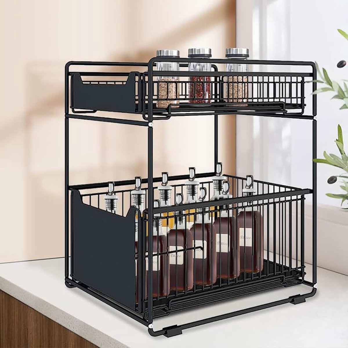 Opslag onder de gootsteen, uittrekbaar, organizer voor keuken, huis, ruimtebesparend, 2 etages, van roestvrij staal (37,4 x 26,5 x 44 cm (zwart)