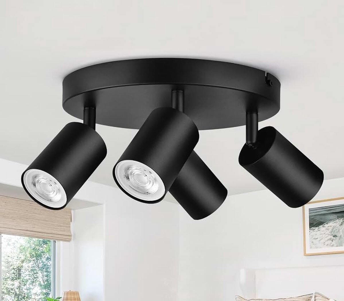 Plafondspot 4 spots rond, LED plafondlamp draaibaar, GU10 plafondlamp, spot, moderne spot, wandspot, zwart voor woonkamer, slaapkamer, keuken (zonder lamp)