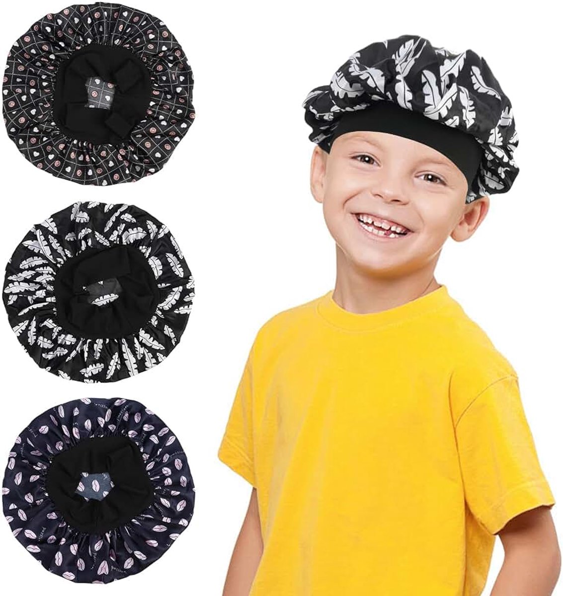 Slaapmuts voor tieners, 3 stuks, zacht polyester, zijden slaapmuts met brede elastische band, haarkap voor krullend haar, douchemuts voor kinderen, huidvriendelijk en antislip