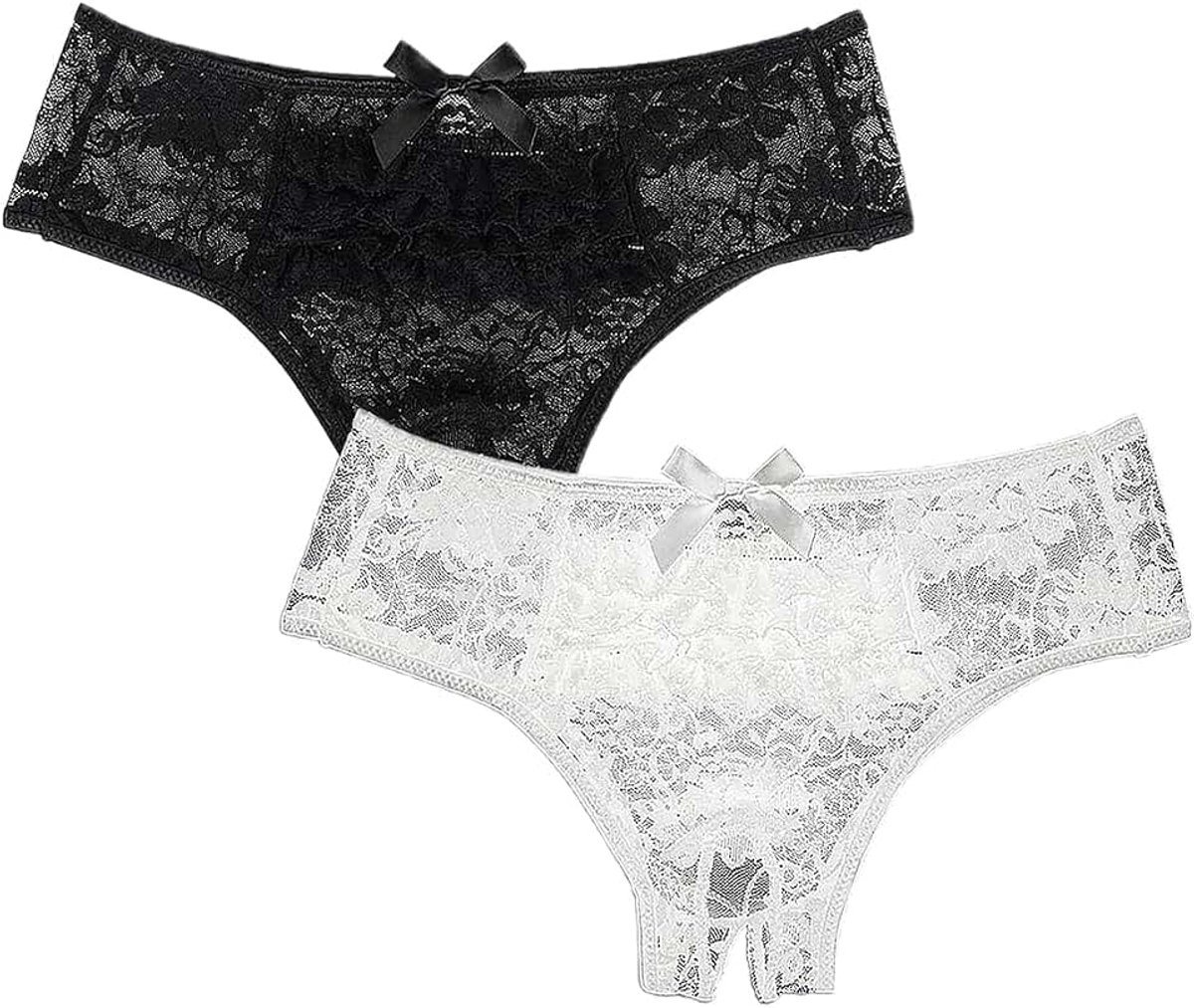 Damesslipjes, 2-delige kanten tanga-set met open teen, katoenen kruisje, gedeelde slipje, modieuze tanga.