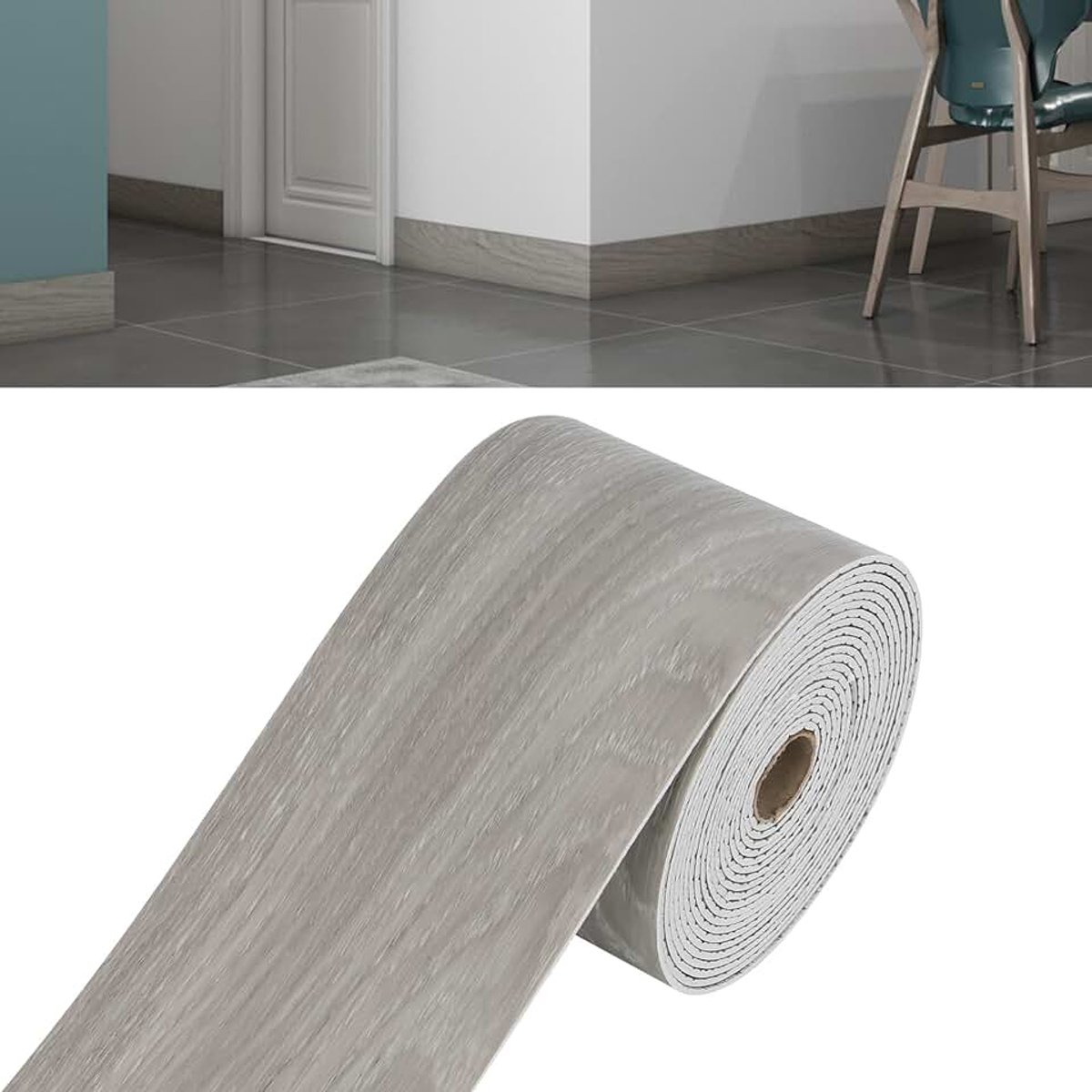 Plint, flexibele plint, 10 cm breed, pvc, waterdicht, eindlijst, behangrand, grijs houtnerf (10 cm x 5 m, zelfklevend, decoratie)