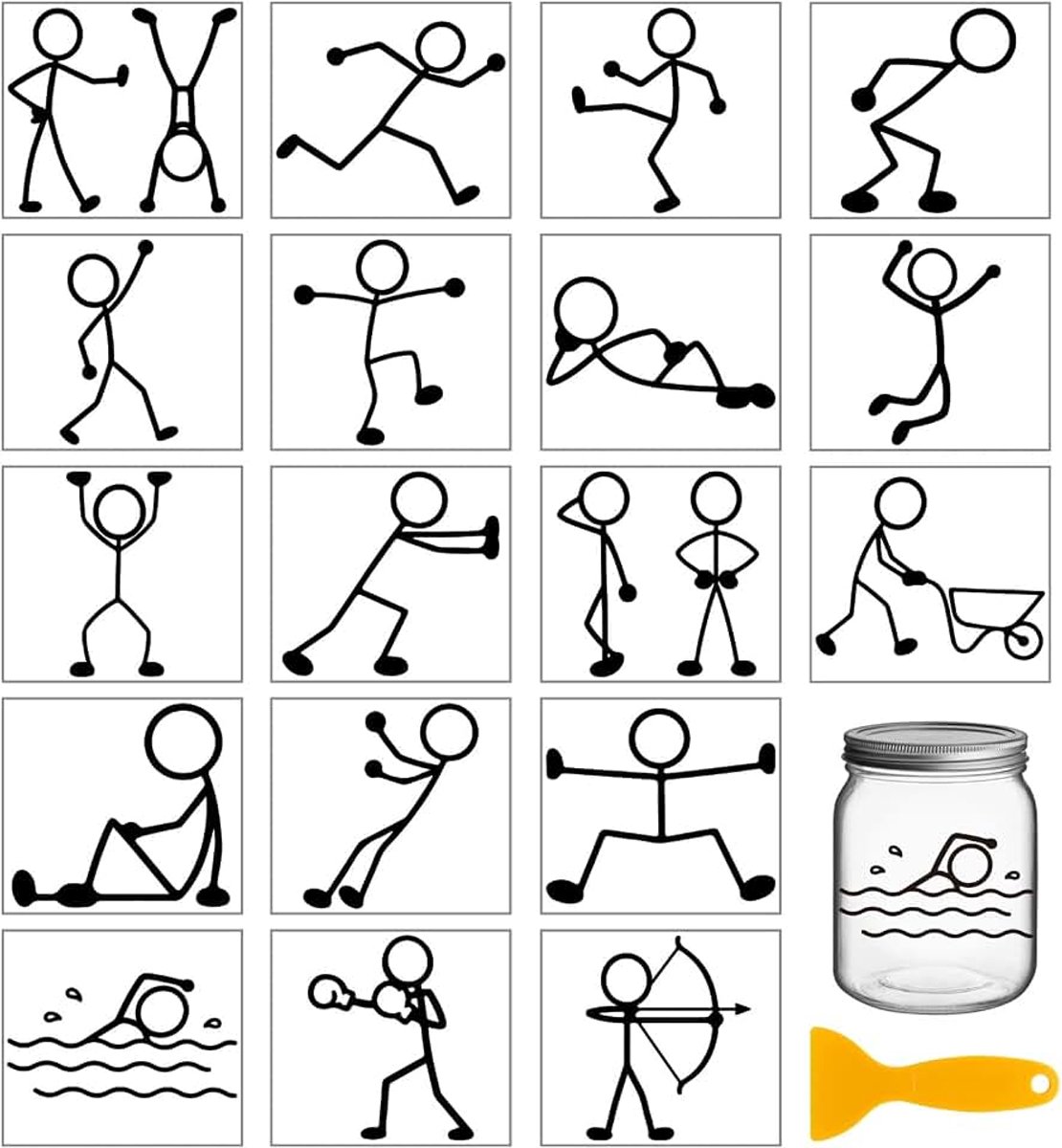 18 vellen grappige stickman transfer stickers 9,5 x 9,6 cm sport stickman kleurrijke transfer sticker cartoon karakter wrijven op overdracht voor beker sticker vaas glas kunst ambachten