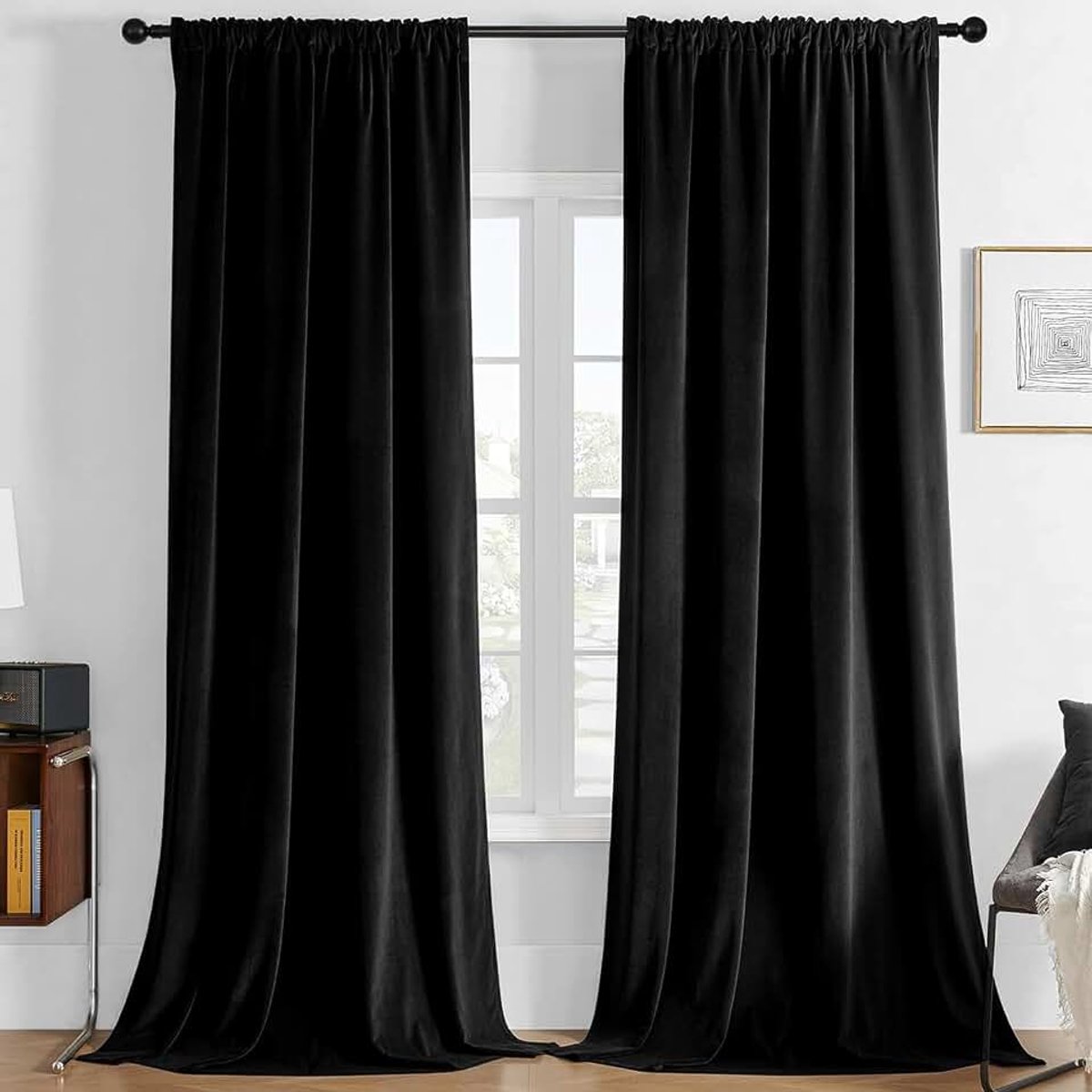 Fluwelen gordijnen, met plooiband, set van 2, B 140 x H 260 cm, zwart, thermogordijn, koudebescherming, elegante verduisteringsgordijnen, geluidsisolatie, ondoorzichtig, fluweel, woonkamer