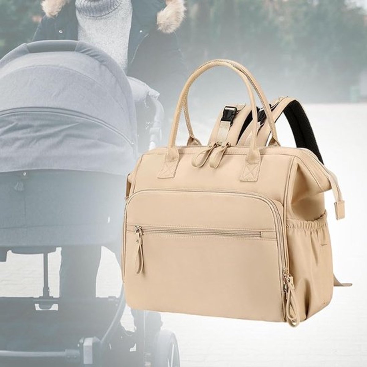 Beige grote luiertas met 14 vakken, stijlvolle babytas met kinderwagenhaak en 3 geïsoleerde vakken, een must-have Geschikt voor een babydoop.