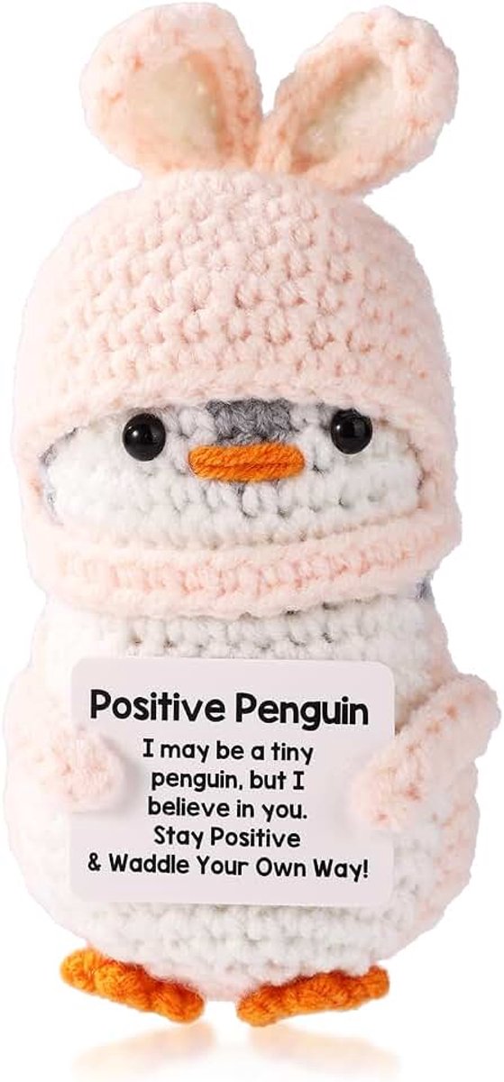 Positieve Pinguïn Haakwerk, 11,5cm Pasen Konijnenoor Wolgaren Gebreide Pinguïn met Bemoedigende Kaart Positieve Haakdieren Cadeau voor Vrienden Familie Thuis Bureaublad Kamer Decor