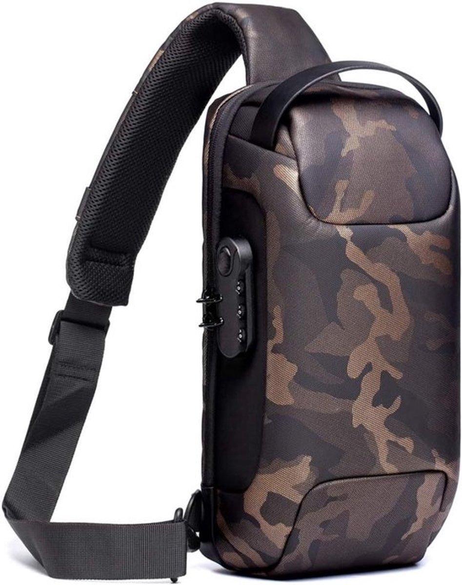 Camouflage (inclusief datakabel) Waterdichte, krasbestendige crossbodytas met combinatieslot, sporttas van Oxford-stof, borsttas voor heren