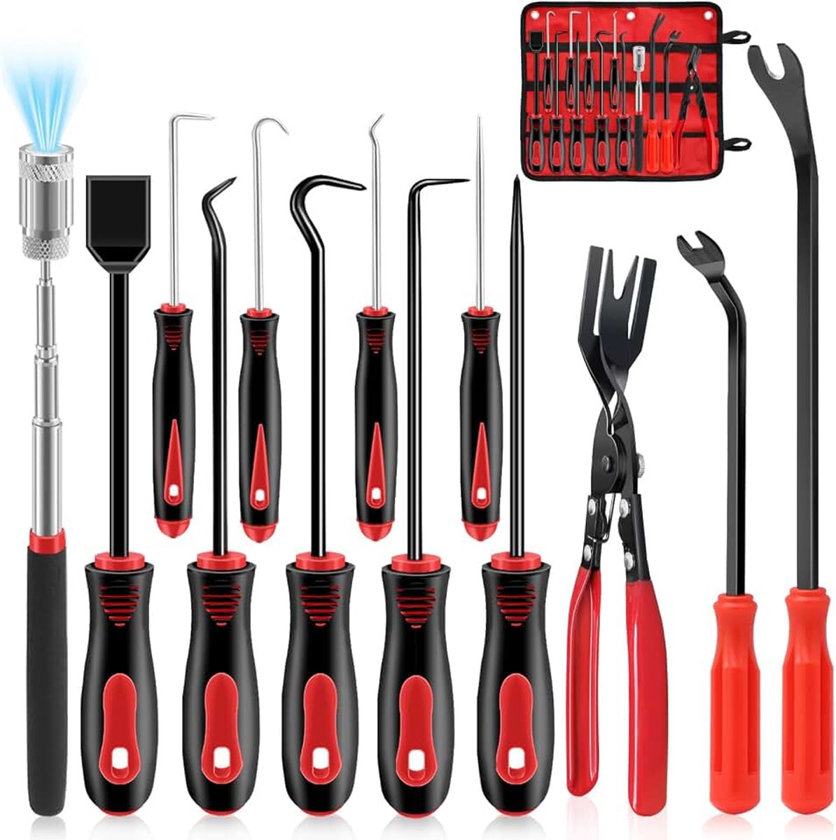 13 Stks Precisie Pick en Haak Tool Set met Clip Verwijdering Tang Klinknagels Puller Remover Telescoping Magnetische Pickup Pakking Schraper voor Elektronica Onderhoud Pick Gereedschap Automotive