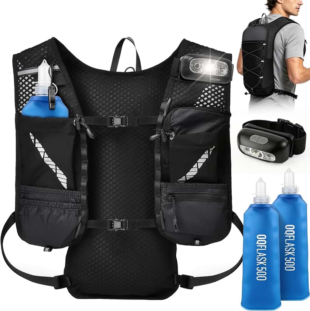 Loopvest voor dames en heren, met 2 opvouwbare flessen (500 ml), reflecterend hardloopvest met drinkrugzak, ideaal voor marathon, trailrunning, joggen en fietsen