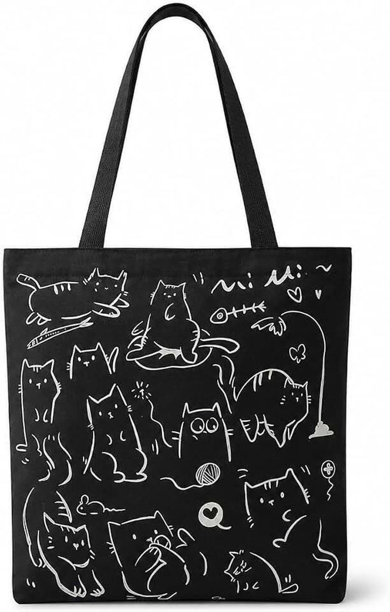 1 draagtas van canvas met zwarte kattenprint, dubbelzijdig, robuust en herbruikbaar voor winkelen, reizen of dagelijks gebruik, ideaal voor kattenliefhebbers, praktisch modeaccessoire