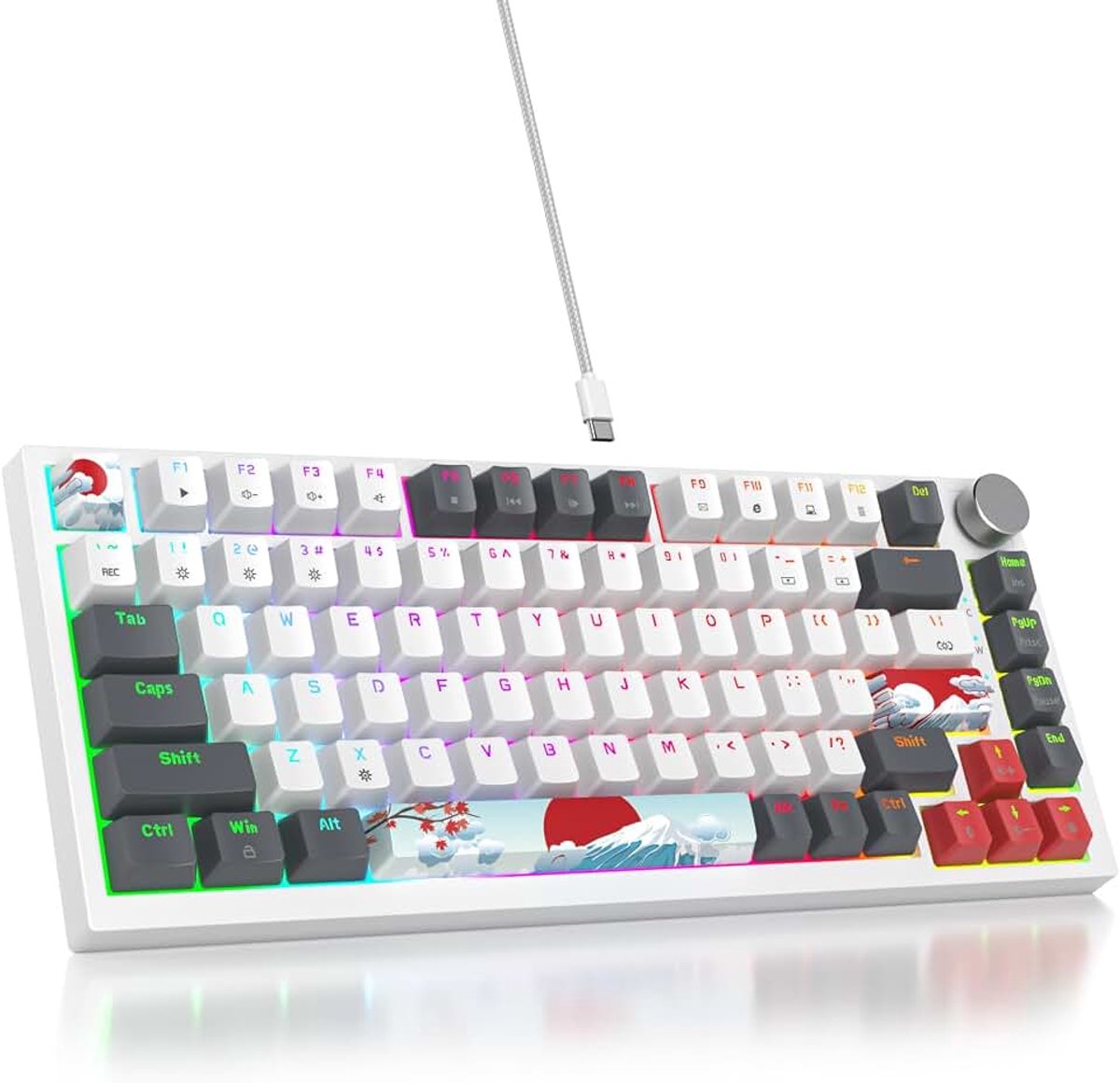 Mechanisch gaming toetsenbord, bekabeld, 75% hot-swappable, RGB-toetsenbord met rode schakelaar, TKL 82 toetsen PBT, compact NKRO-toetsenbord met volumeregelingsknop (82 grijs-wit)