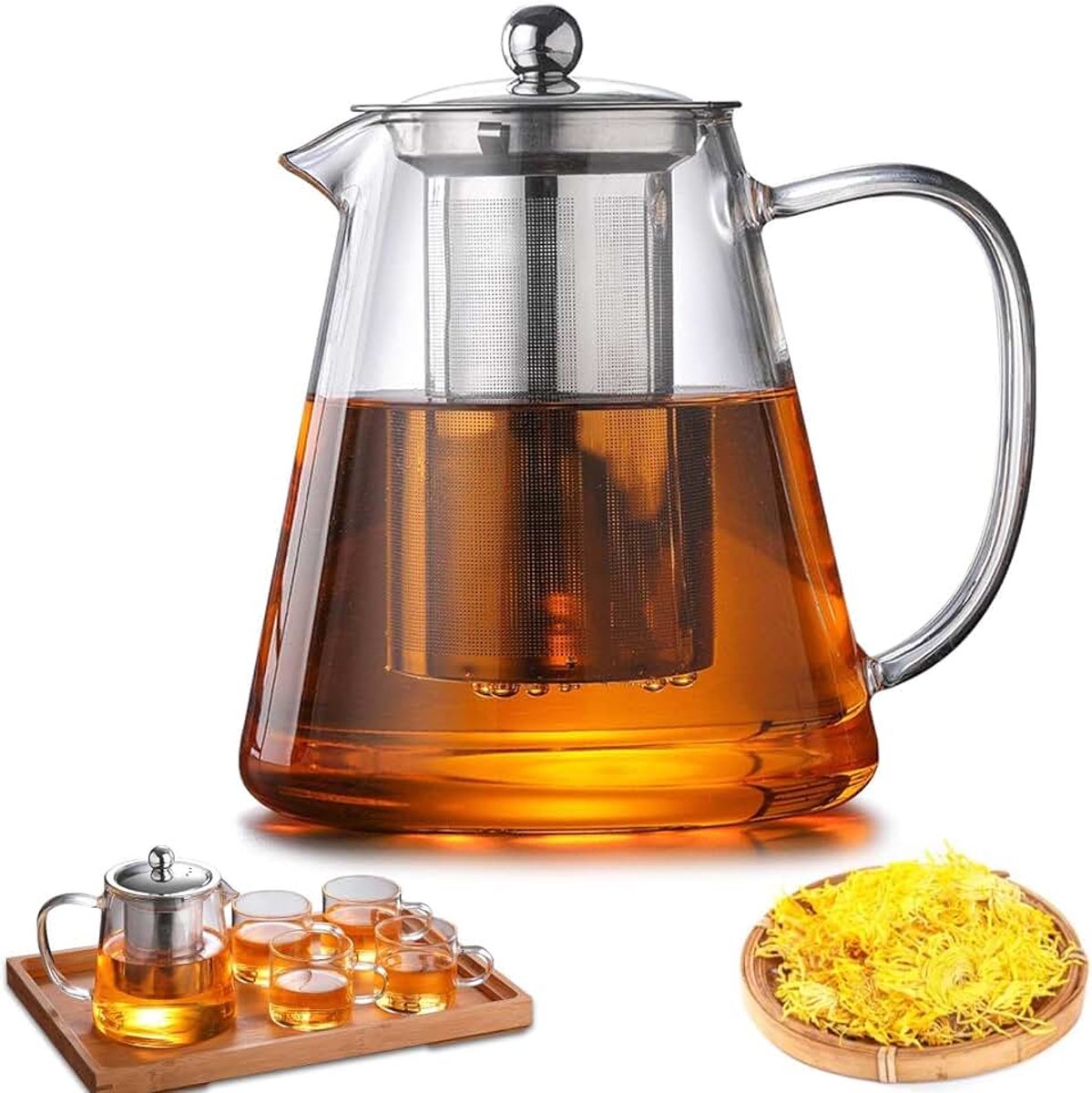 Theepot met zeef-inzet en deksel: 1300 ml theepot gemaakt van borosilicaatglas, glazen theemaker met afneembare zeef-inzet, glazen theepot robuust hittebestendig voor losse theesoorten