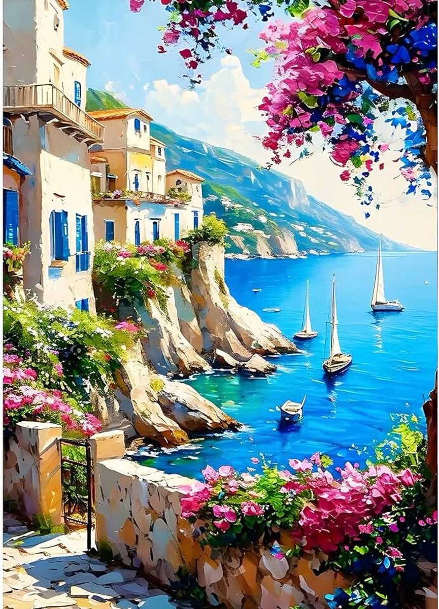 Seaside Scenery Diamond Painting Kits voor volwassenen, beginners, 5D bloemen, diamond art, doe-het-zelf, rond, volledig boren, vissen, dorpkunst, met schilderset, ontspannend handwerk