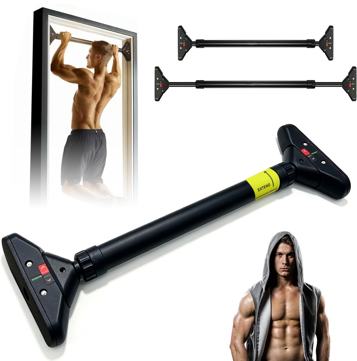 Optrekstang - Pull up Bar Deur - Deurstang - 74-95 cm - 200 kg Draagkracht - Zonder Boren - Antislip Grip - Krachttraining & Bovenlichaam Training - Voor Thuis