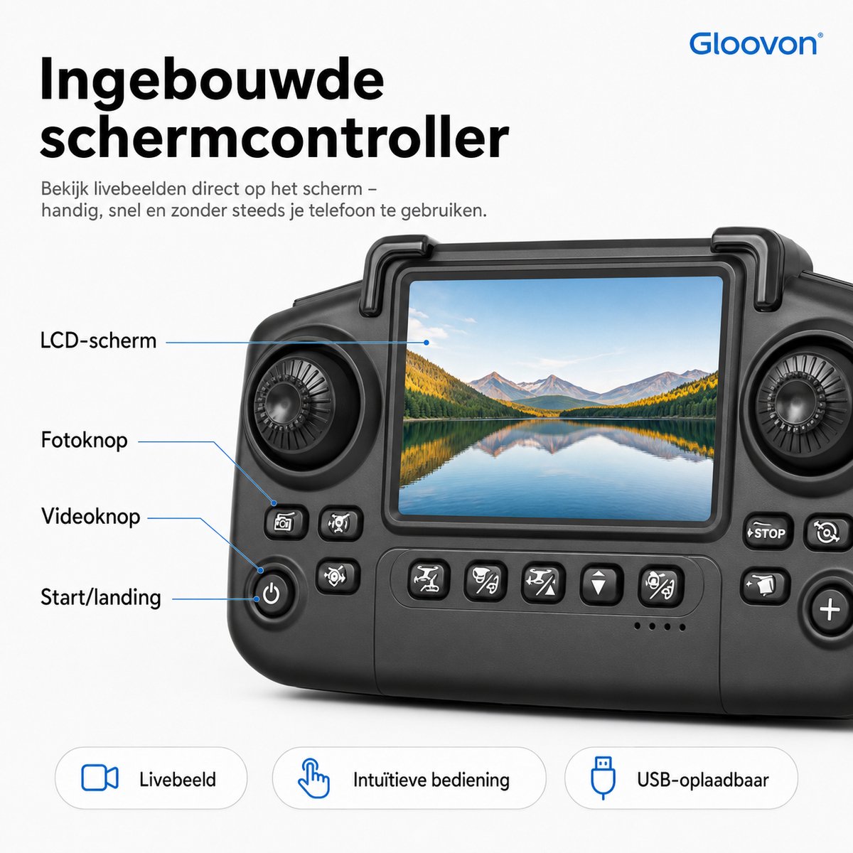 Gloovon® Drone met Camera - Controller met Scherm - 4K HD Dual Camera - 4 Accu's - 72 min Vliegtijd - Inklapbaar - Grijs thumbnail 2