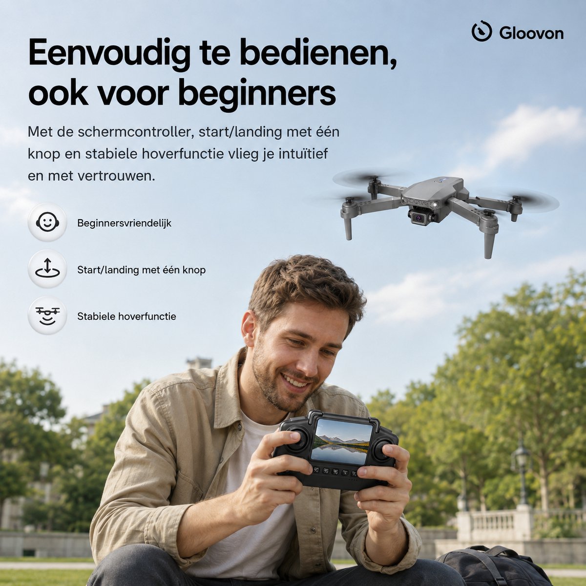 Gloovon® Drone met Camera - Controller met Scherm - 4K HD Dual Camera - 4 Accu's - 72 min Vliegtijd - Inklapbaar - Grijs thumbnail 5