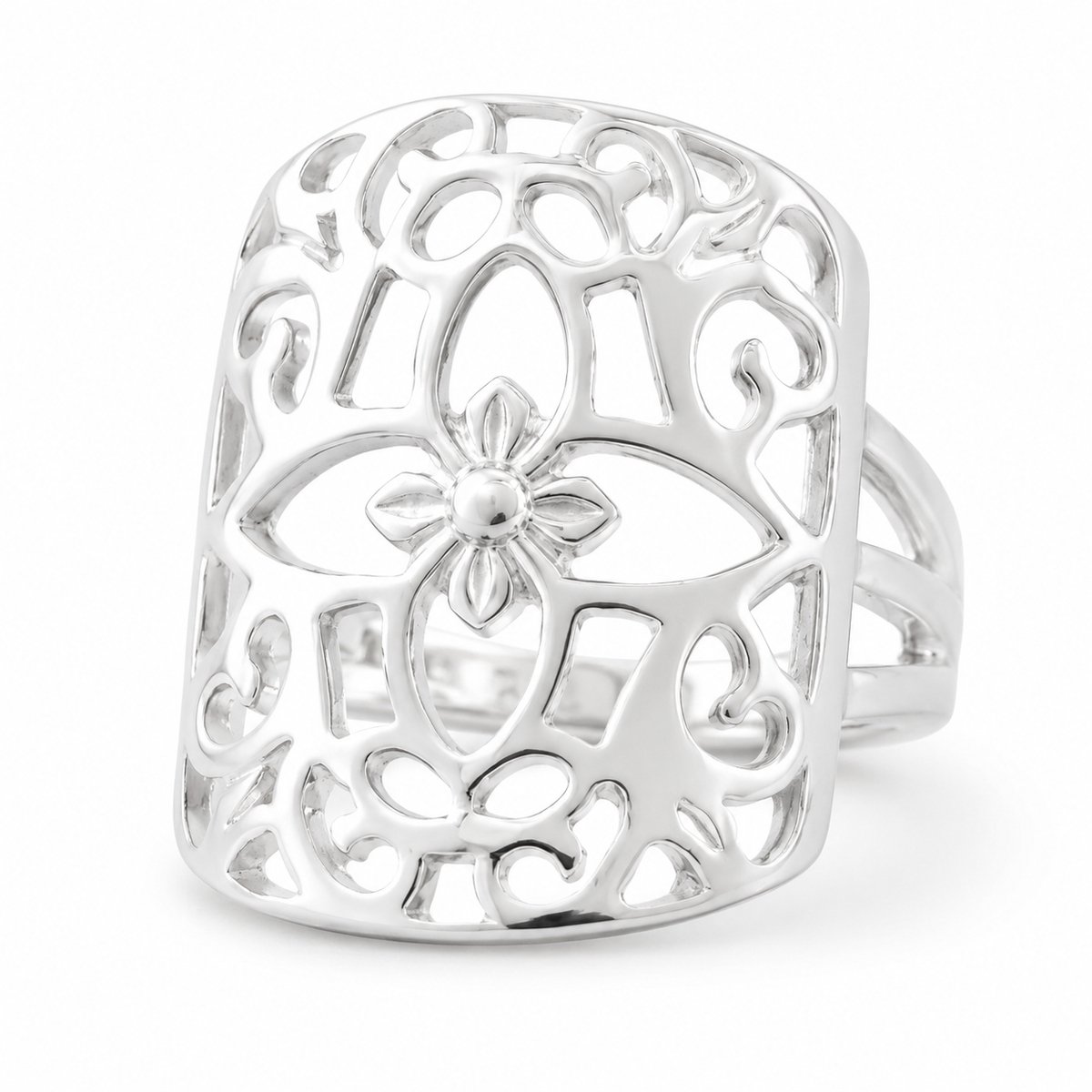 Damesring 925 Sterling Zilver – Maat 17 mm – Brede Opengewerkte Filigraanring met Bloemmotief