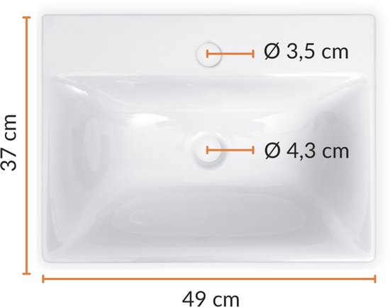 Witte wastafel met ribbelstructuur front en matzwarte kraan, afmetingen 49x37x50 cm.