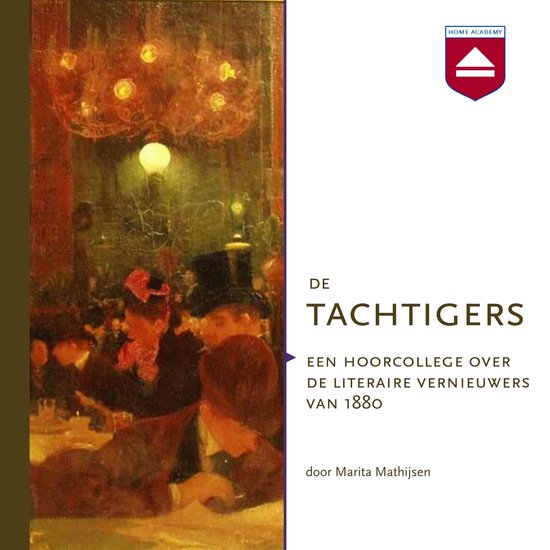 Een schilderij van een café-interieur met mensen, naast de titel 'De Tachtigers'.