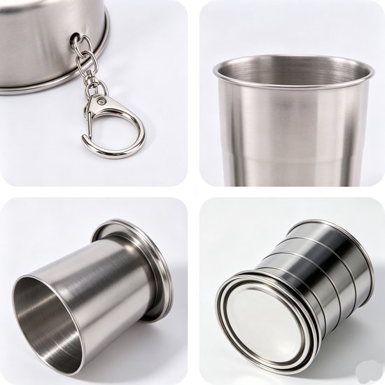 2 stuks - Vouwbeker - 250 ml - 2 stuks Vouwbeker - Vouwbeker uit roestvrij staal - Vouwbeker uit roestvrij staal - Kampeerbeker - Draagbare drinkbeker - Koffie/thee beker - Herbruikbaar - Met deksel - Roestvrij staal - Zilver — afbeelding 3