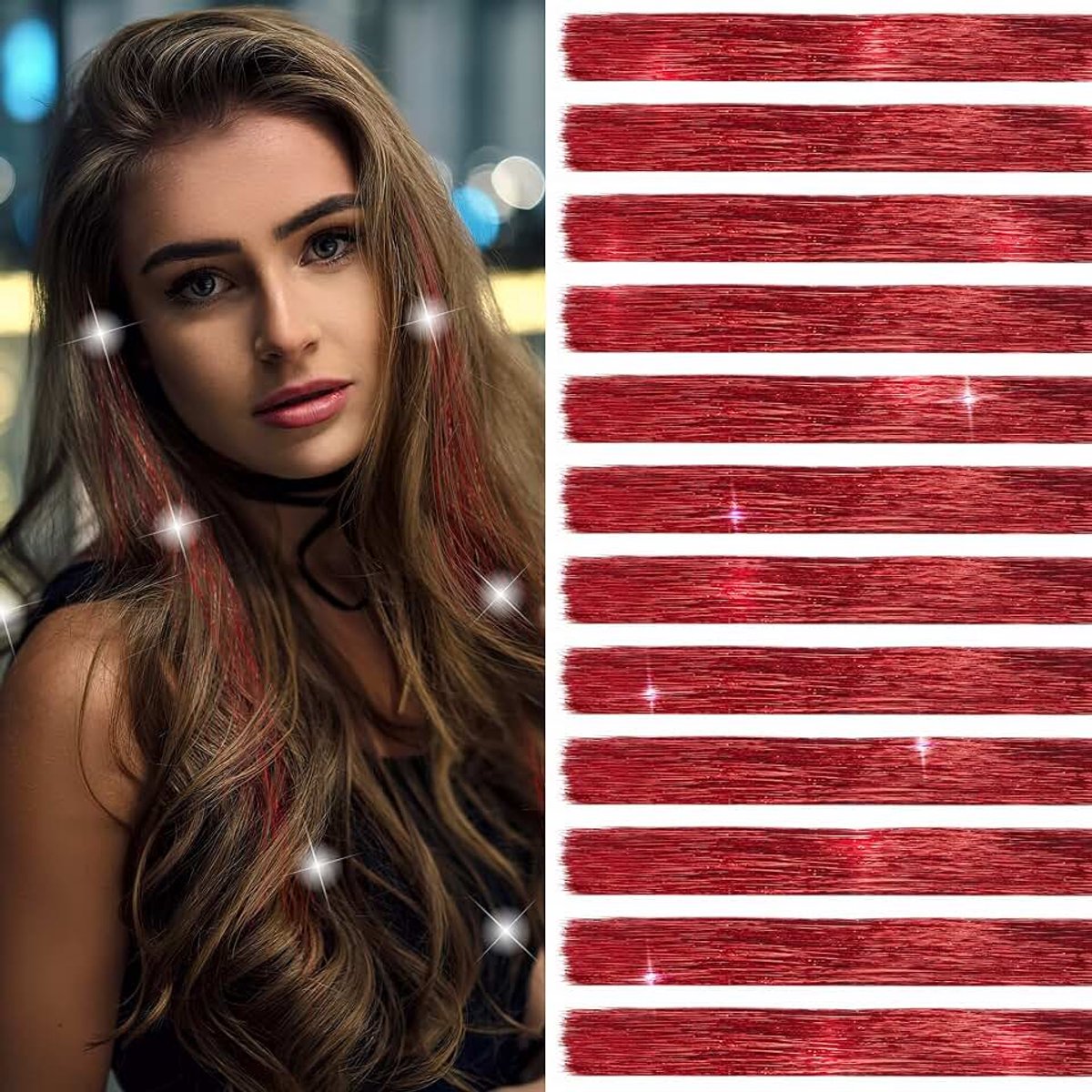 2400 strengen lametta, 120 cm, kleurrijk, synthetisch haar, zonder clip, voor meisjes en vrouwen, 12 stuks, haarverlengingsset (rood, 1 haaknaald + 50 microrings)