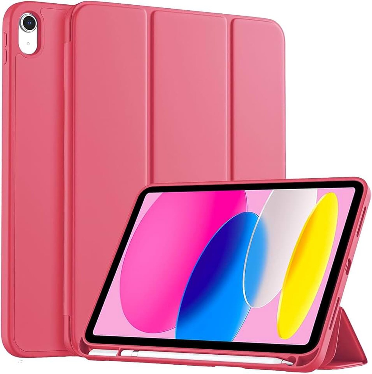 Case voor iPad (A16) 11e/10e Generatie (2025/2022), Flexibele TPU Achterkant en Drievoudige Standaard, Beschermhoes met Potloodhouder, Automatisch Waken/Slapen, 8-Watermeloen Rood