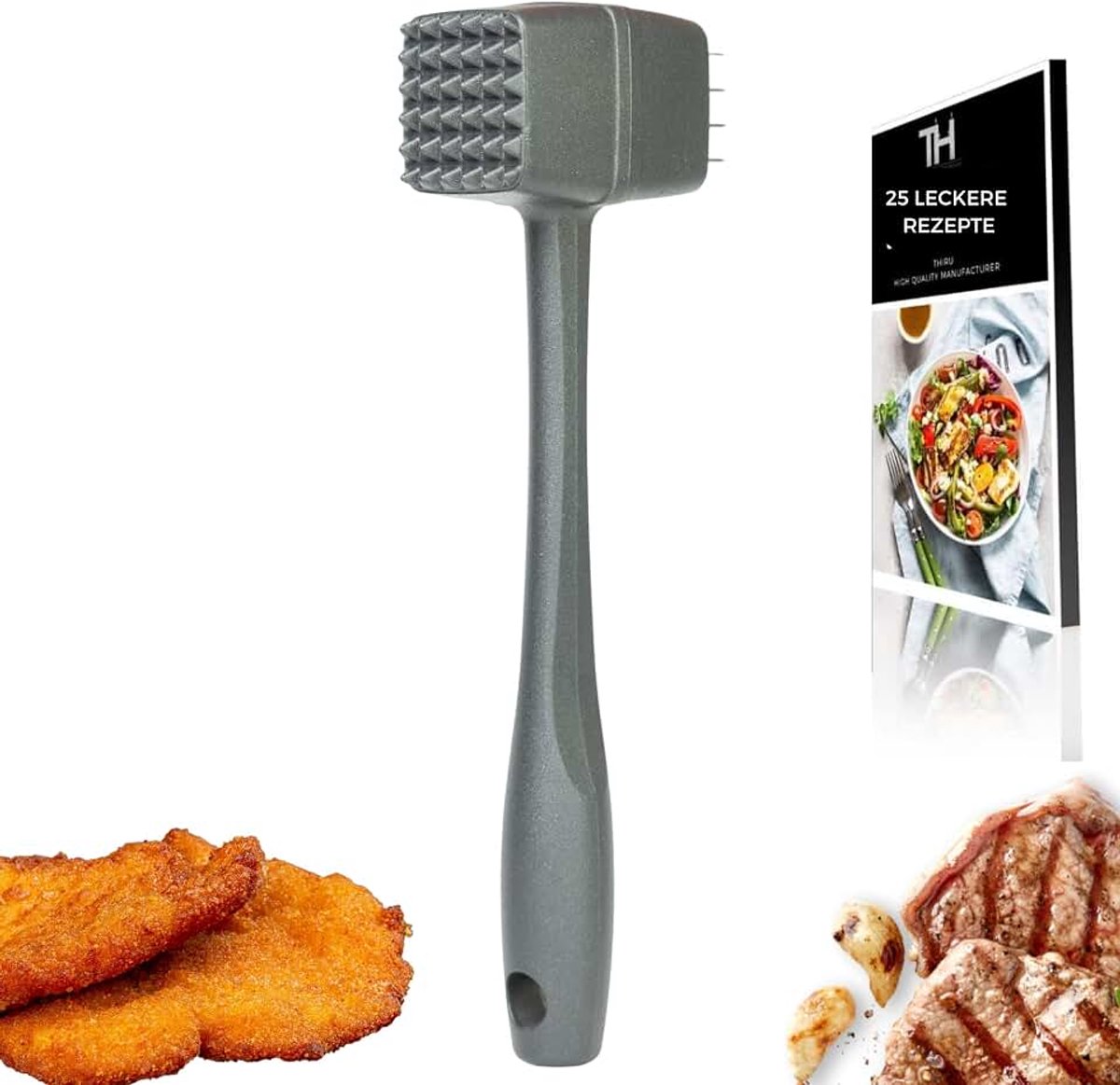 Premium vleeshamer - vleeshamer voor schnitzels, bakkebaarden, steak - hamerkop met twee slagvlakken - zacht voor vlees - incl. e-book met 25 recepten - Made in Germany