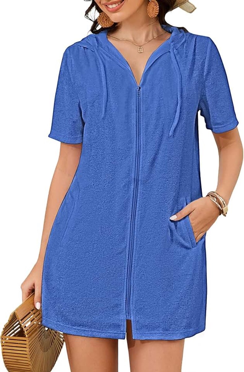 Badstof Cover Up - Vrouwen 2025 Rits Badpak Coverup Hooded Badjassen Strand Coverups met zakken