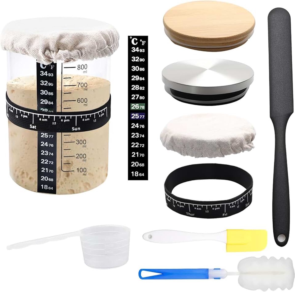 Houder voor zuurdeeg – 900 ml – starterset voor zuurdeeg van glas met deksel, deksel, elastiekjes, thermometer, spatel enz