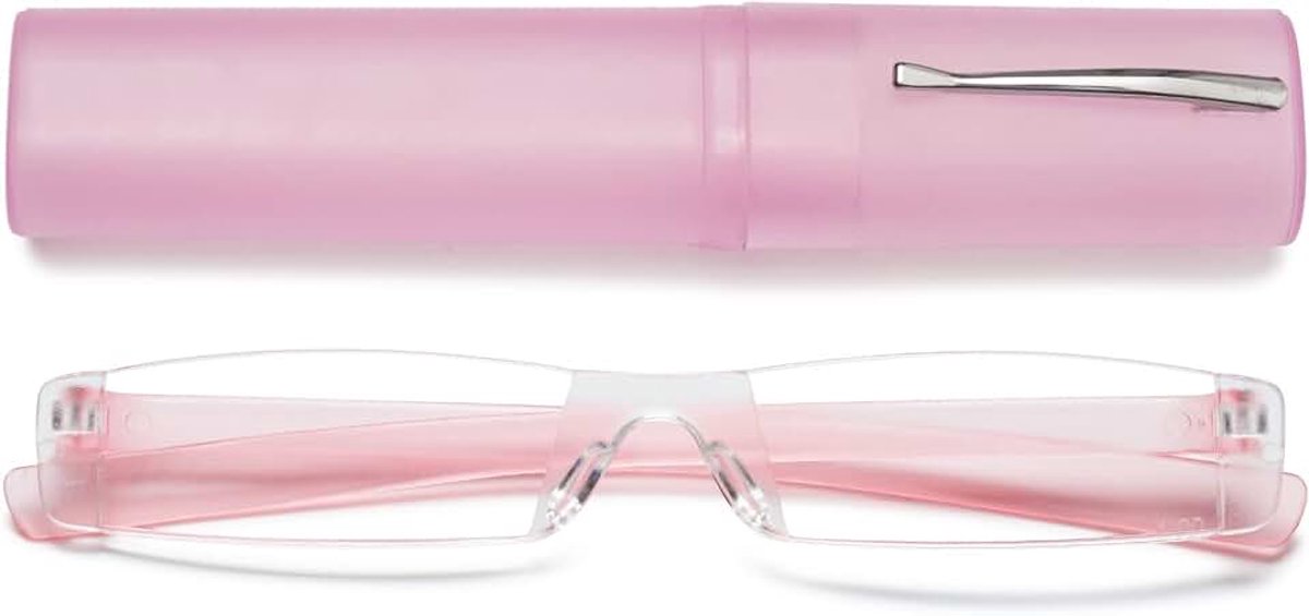 Randloze leesbril met etui, voor dames en heren, mini-leeshulp, zichthulp, zonder frame, 1 stuk roze