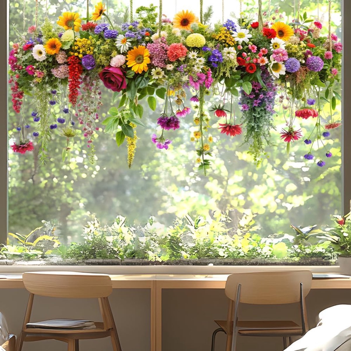 1 Raamsticker - Bloem Boeket Raamstickers - Kleurrijke Raamfolie - Bloemmotief voor Glas - Zelfklevende Raamdecoratie - Geschikt voor Keuken, Badkamer en Kantoor - Verwijderbaar en Herbruikbaar - Zonwerend